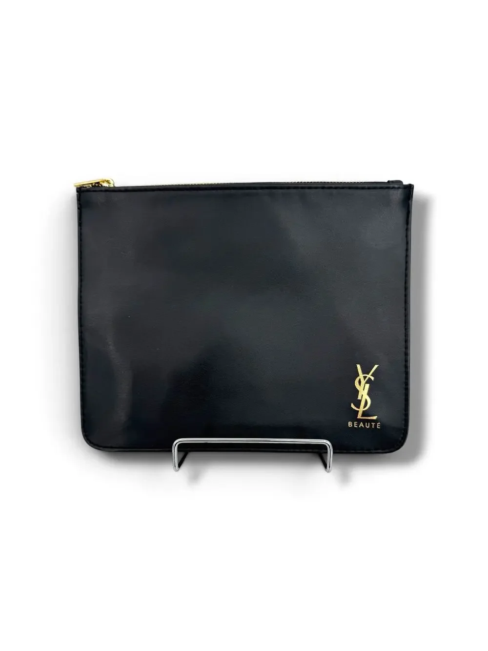 YSL Beaute make up cosmetic bag pouch logo vegan leather zipper black gold